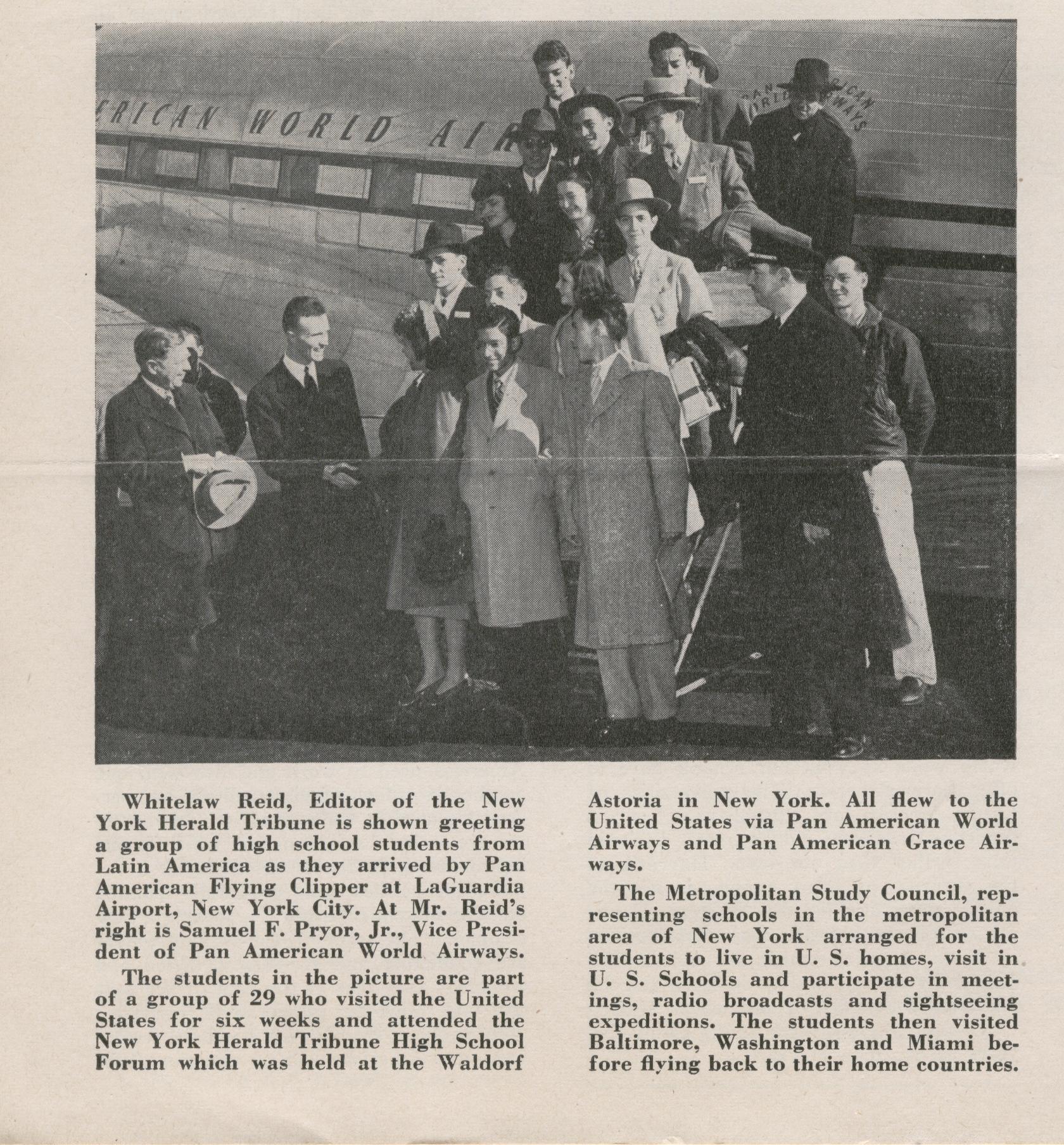1947 Pan Am Vice President Sam Pryor greeting Latin American exchange students at New York LaGuardia airport